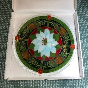 Peggy Karr ~ Fused Art Glass ~ "White Poinsettia & Pinecones" ~ 13.5” Platter